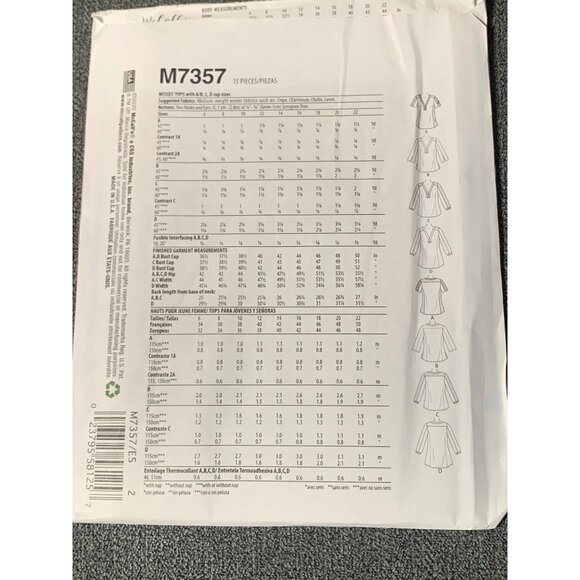 McCalls M7357 Womens Blouse Sewing Pattern Sizes 14-22 uncut - Picture 2 of 2